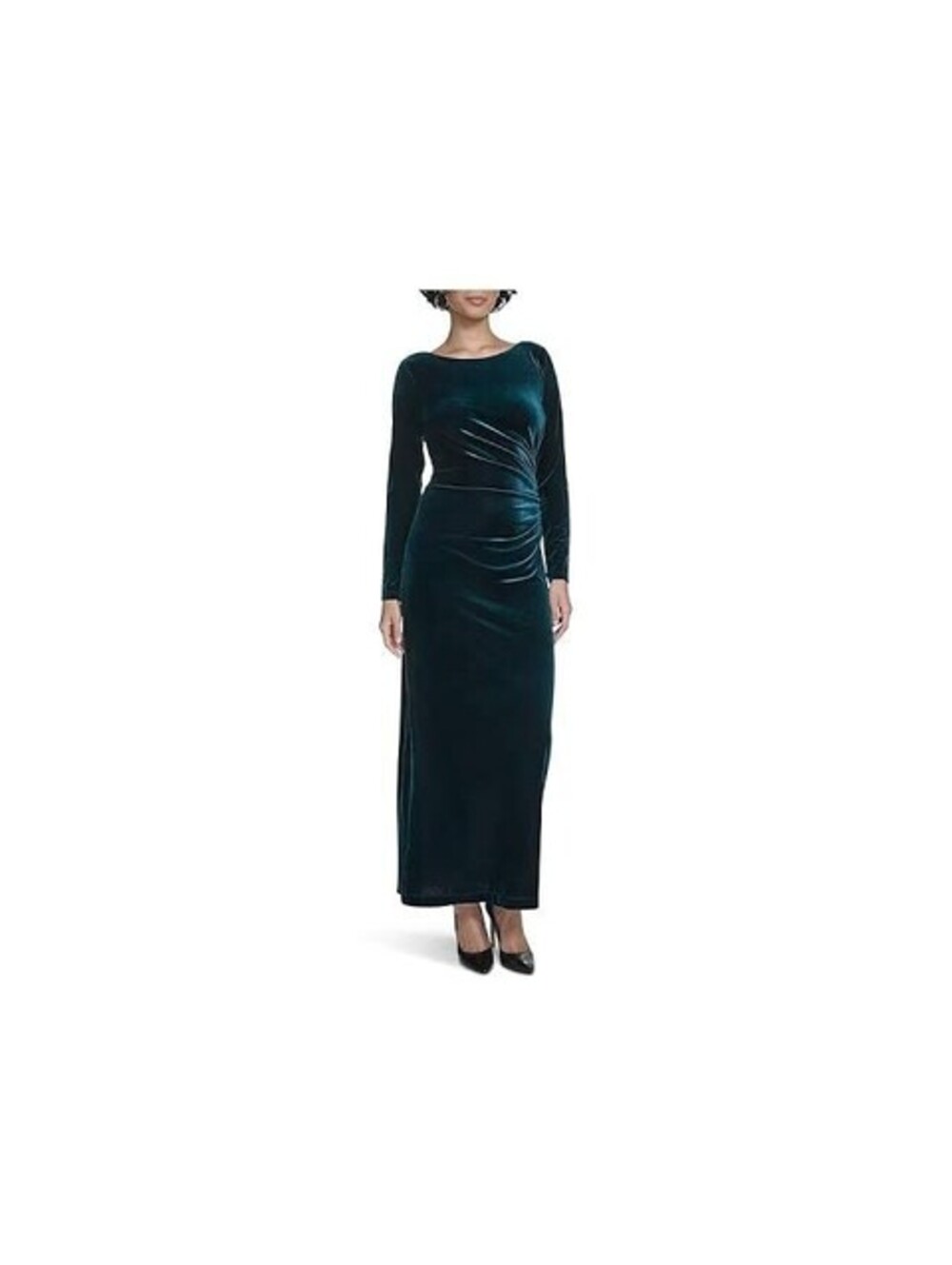 CALVIN KLEIN Emerald Green Velvet Gown Womens 8 Maxi Dress Long Sleeve Ruched